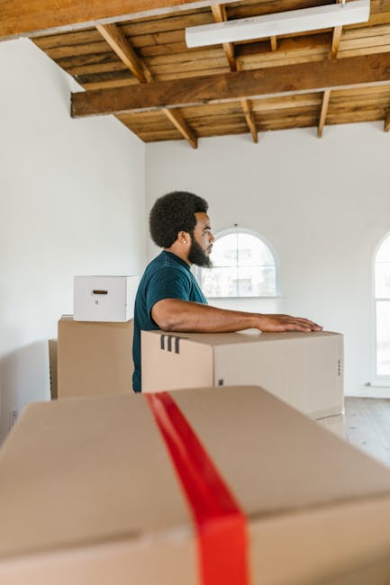 A man with a dark afro hairstyle, beard, and casual attire, including a blue T-shirt and dark trousers, is standing inside a well-lit room with wooden flooring and white walls. He is holding a cardboa
